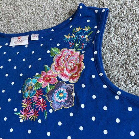 Quacker Factory Womens xl Blue Polka Dot Sleeveless Dress W/ Floral Embroidery - Picture 12 of 12